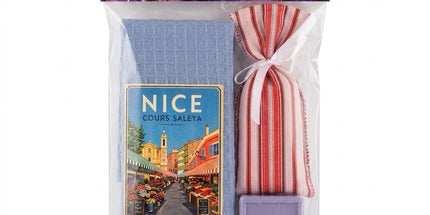 Coffret cadeau Nice Cours Saleya avec torchon nid d’abeille bleu, savon et sachet de lavandin