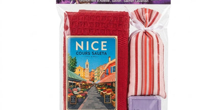Coffret cadeau Nice Cours Saleya avec torchon nid d’abeille rouge, savon et sachet de lavandin