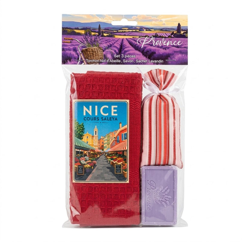 Coffret cadeau Nice Cours Saleya avec torchon nid d’abeille rouge, savon et sachet de lavandin