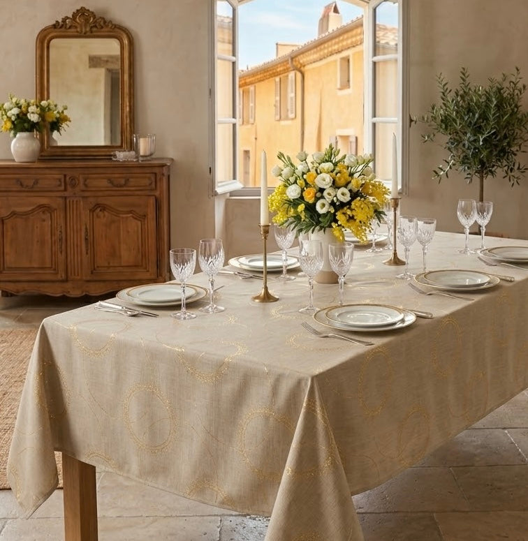 Nappe rectangulaire Rondine naturel à motifs dorés 240 x 150 cm Antitache infroissable