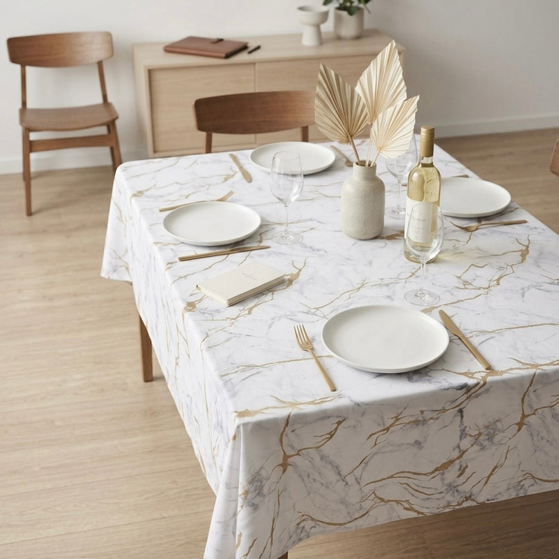 Nappe effet marbre blanc et doré 100 % polyester antitache infroissable 200 x 150 cm