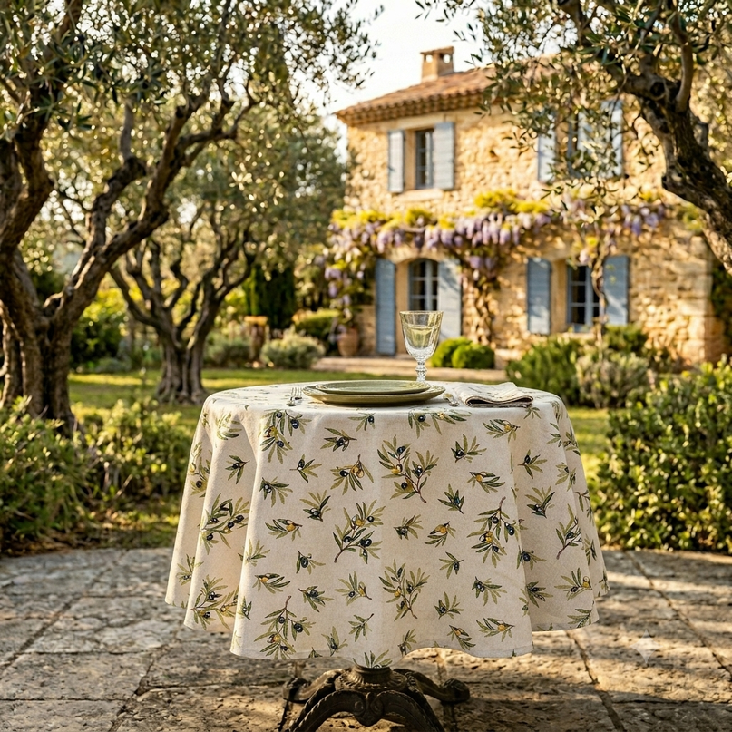 Nappe Ronde Tapenade – Ø 155 cm – 75% Coton 25% Polyester – Qualité Palace