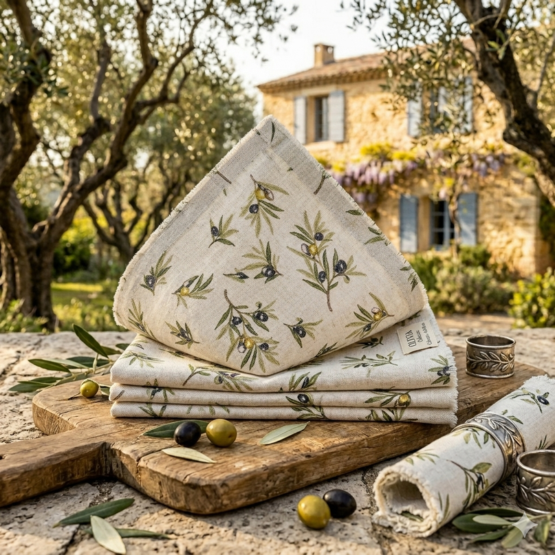 Serviette de Table 50 x 50 cm Tapenade – Motif Olive | Qualité Palace