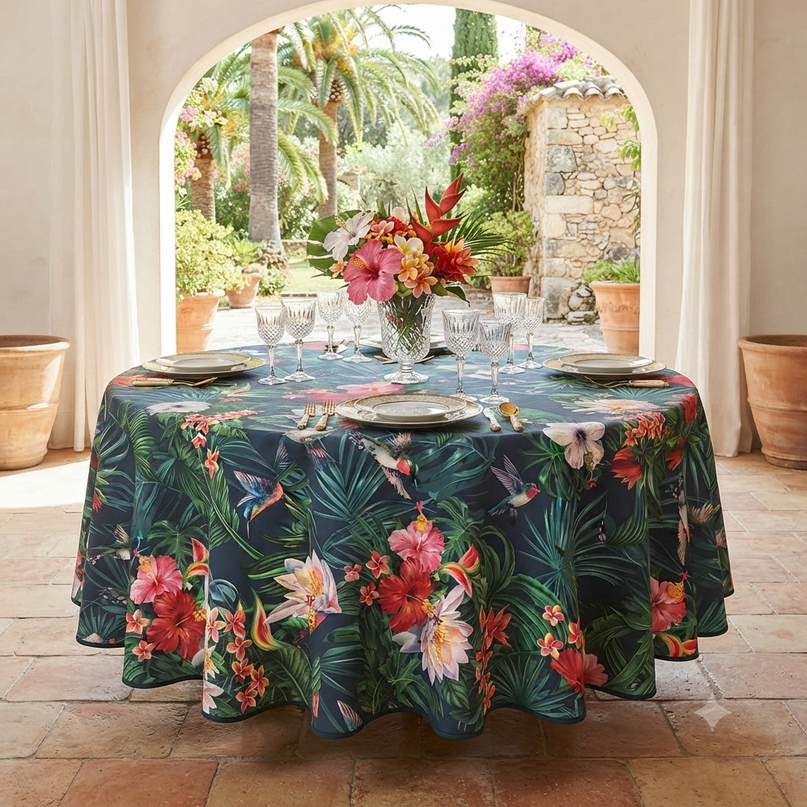Nappe ronde polyester 180 cm colibri antitache infroissable