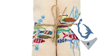 Lot de 2 serviettes de table en coton brodées sardines écru 50 x 50 cm