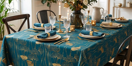 Nappe rectangle polyester antitache infroissable Gingko émeraude et or métallisé 240 x 150 cm