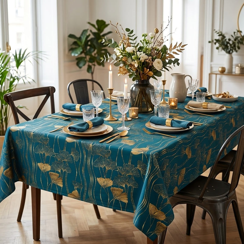 Nappe rectangle polyester antitache infroissable Gingko émeraude et or métallisé 240 x 150 cm