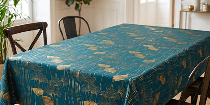 Nappe rectangle polyester antitache infroissable Gingko émeraude et or métallisé 240 x 150 cm