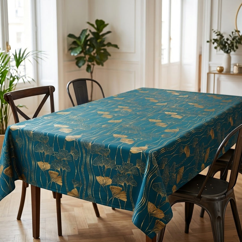 Nappe rectangle polyester antitache infroissable Gingko émeraude et or métallisé 240 x 150 cm