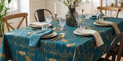 Nappe rectangle polyester antitache infroissable Gingko émeraude et or métallisé 240 x 150 cm