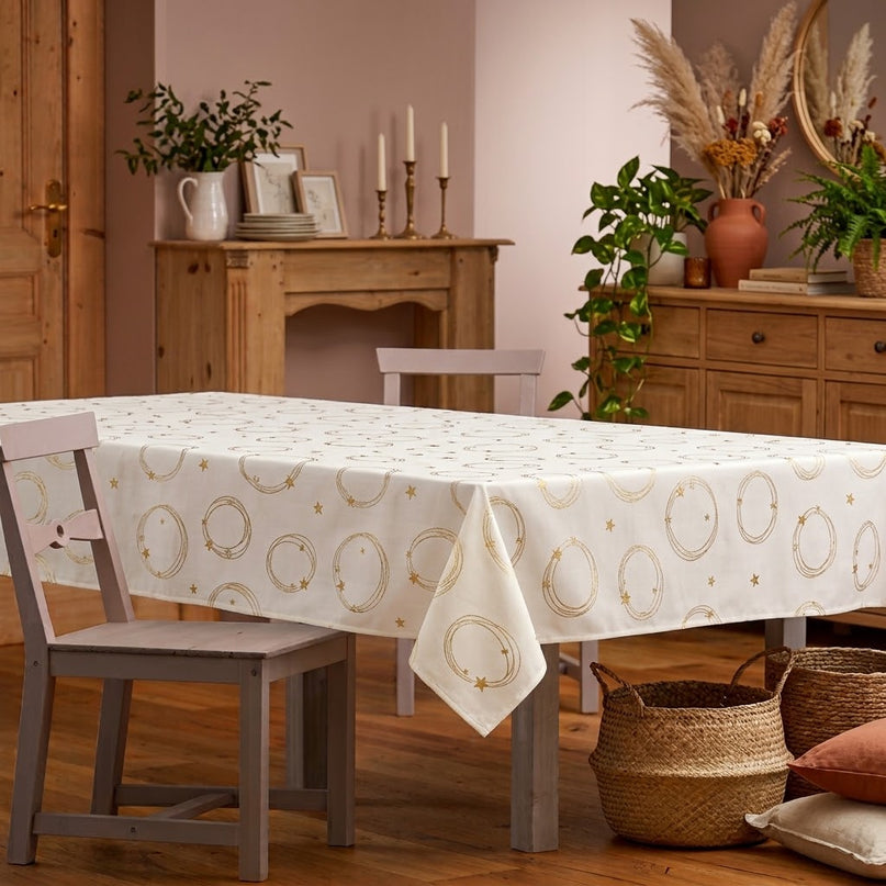 Nappe rectangle polyester antitache infroissable Star blanc et or 400 x 150 cm