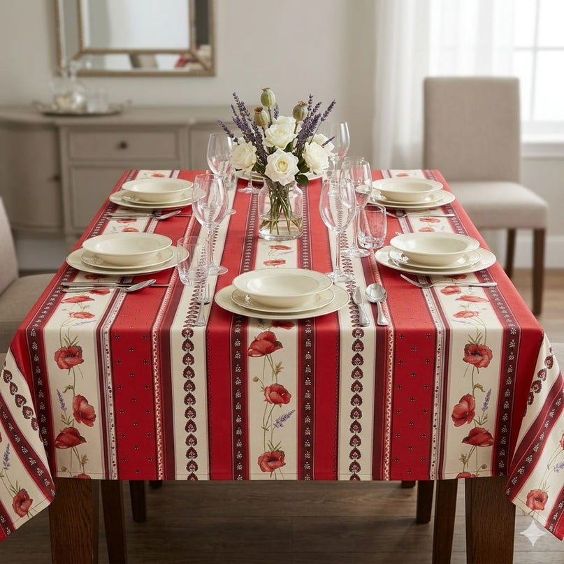 Nappe rectangle provençale castellane rouge 240 cm x 150 cm polyester Anti tache et infroissable