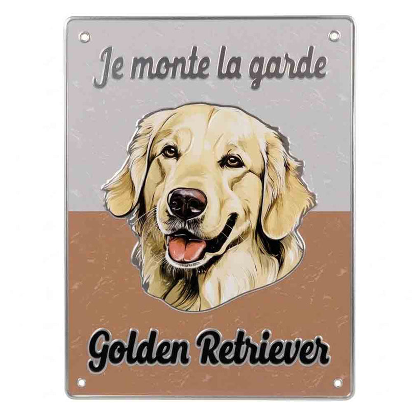 Plaque Metal 3D Golden Retriever – Je monte la garde – 15 x 20 cm