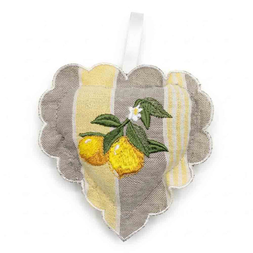 Sachet de lavande à suspendre en coton garni de lavande, cœur brodé citrons, 12 × 12 cm