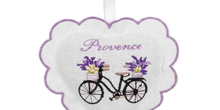 Sachet de lavande à suspendre en coton garni de lavande, brodé « Provence », bicyclette et paniers, 12 × 12 cm