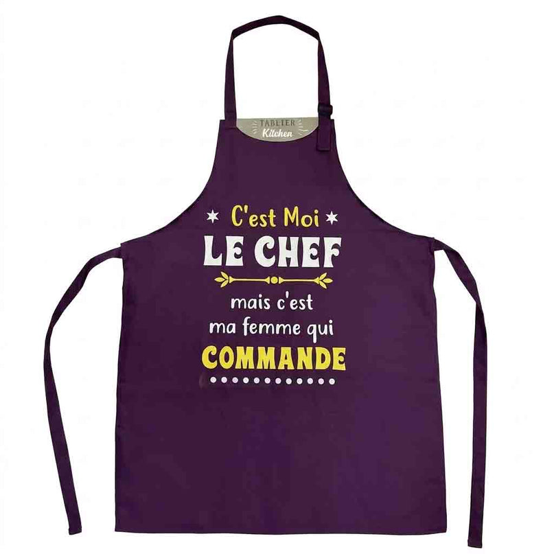 Tablier humoristique coton : C'est moi le chef mais c'est ma femme qui commande