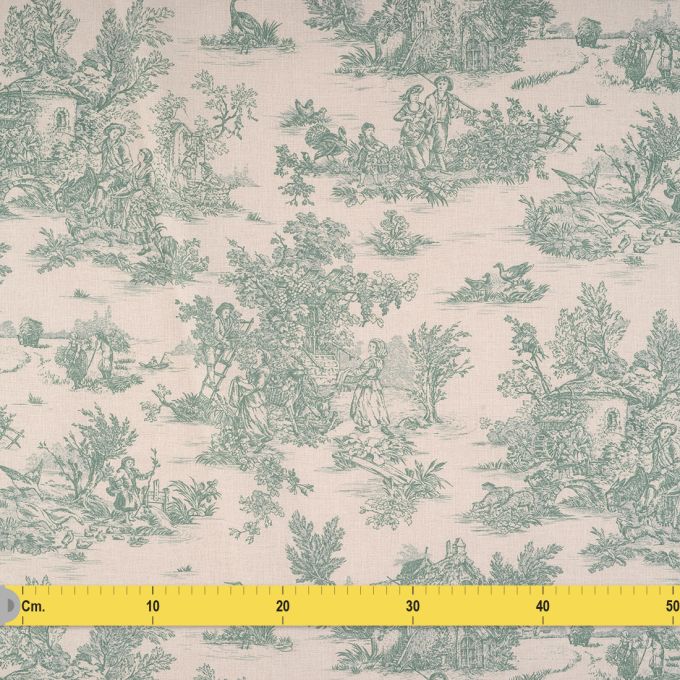 Tissu au mètre Coton Toile de Jouy Mini Pastorale écru vert Largeur 160 cm