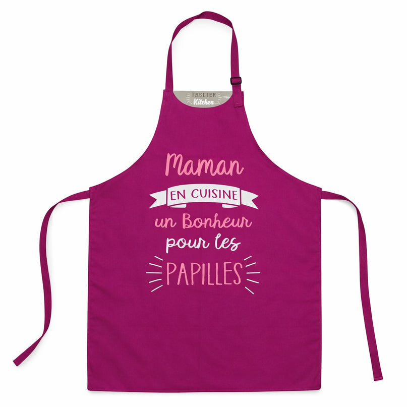 Tablier humoristique adulte en coton – Maman en cuisine, un bonheur pour les papilles