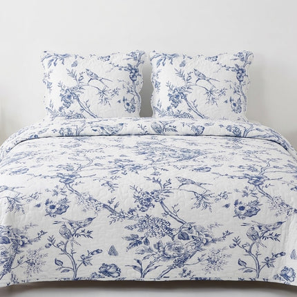 Couvre-Lit Boutis Jouy Bleu – 230 x 250 cm + 2 Taies d'Oreillers 65x65 cm