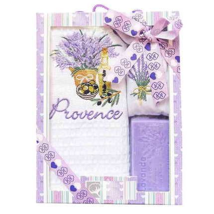 Coffret Torchon coton nid d'abeille blanc et savon lavande et sachet de lavande