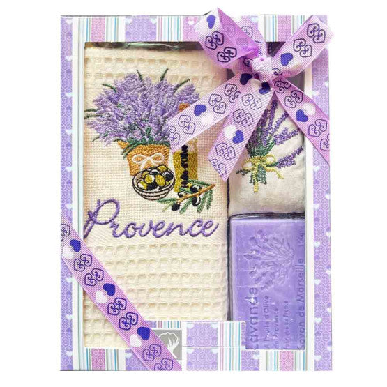 Coffret Torchon coton nid d'abeille écru et savon lavande et sachet de lavande