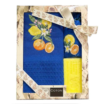 Coffret Torchon coton nid d’abeille bleu brodé agrumes + Savon lavande + Sachet de lavande