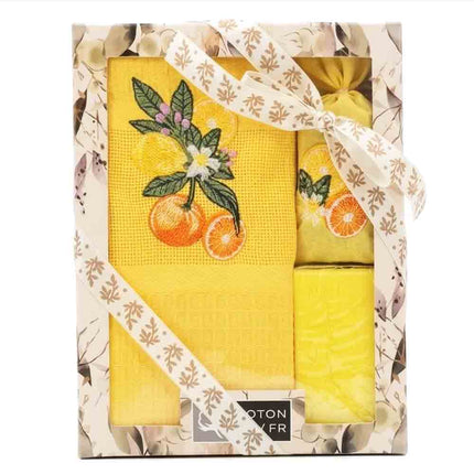 Coffret Torchon coton nid d’abeille jaune brodé agrumes + Savon lavande + Sachet de lavande