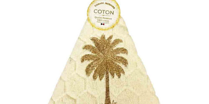 Essuie main rond en éponge coton écru Tissage Jacquard brodé Palmier qualité premium