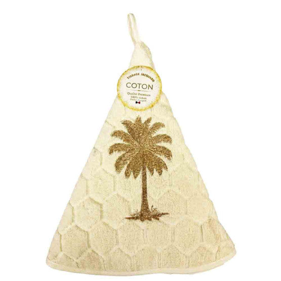 Essuie main rond en éponge coton écru Tissage Jacquard brodé Palmier qualité premium