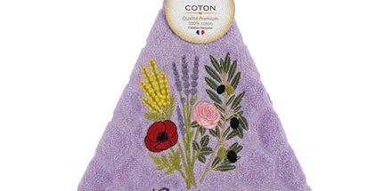 Essuie main rond en éponge coton lilas Provence Tissage Jacquard brodé Bouquet du Sud qualité premium