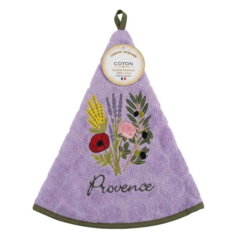 Essuie main rond en éponge coton lilas Provence Tissage Jacquard brodé Bouquet du Sud qualité premium