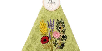 Essuie-main rond en éponge coton vert pomme Provence brodé Bouquet du Sud qualité premium