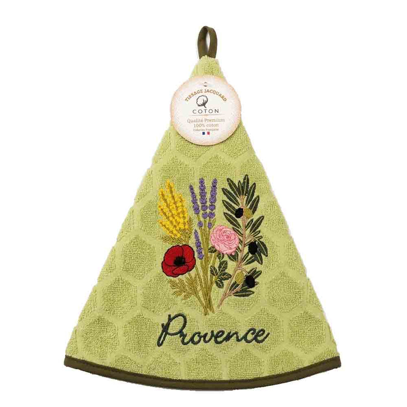 Essuie-main rond en éponge coton vert pomme Provence brodé Bouquet du Sud qualité premium