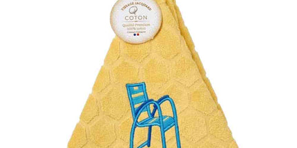 Essuie-main rond en coton éponge jaune brodé chaise bleue Nice – Tissage jacquard qualité premium