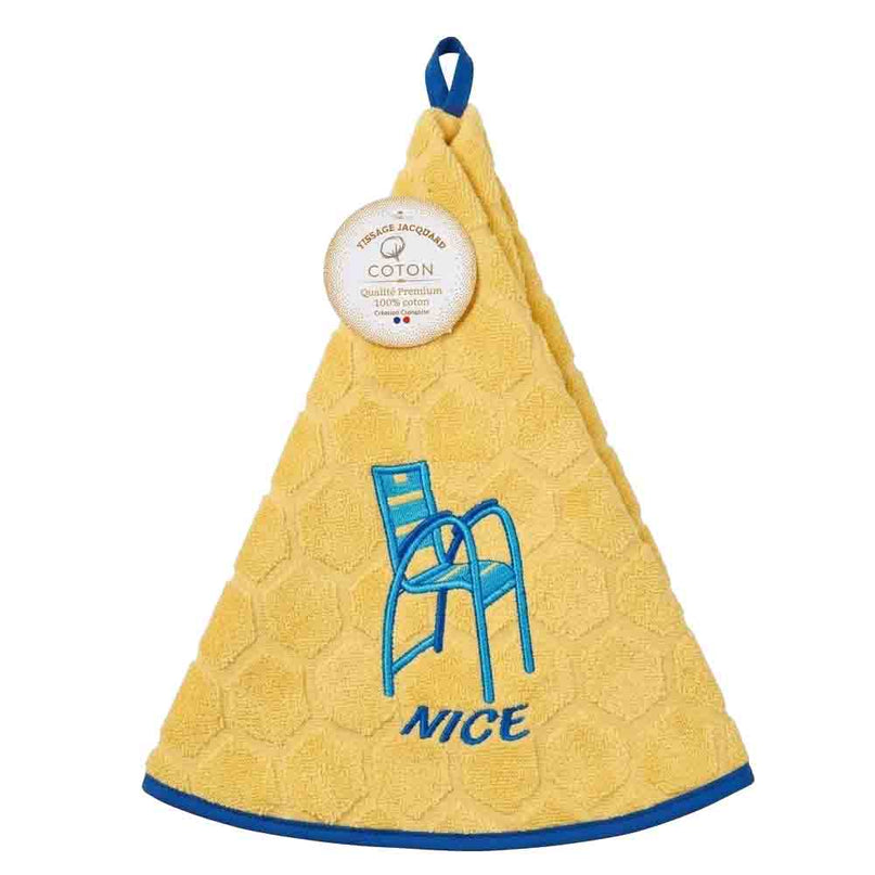 Essuie-main rond en coton éponge jaune brodé chaise bleue Nice – Tissage jacquard qualité premium