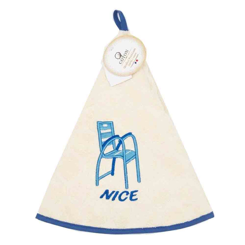 Essuie-main rond en coton éponge écru brodé chaise bleue Nice – Tissage jacquard qualité premium