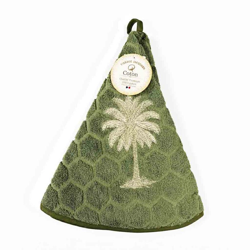 Essuie main rond en éponge Tissage Jacquard Palmier vert Qualité Premium