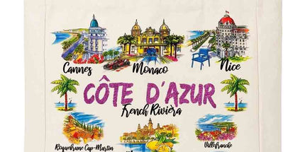 Grand tote bag en toile naturelle illustré Côte d'Azur French Riviera avec Cannes, Monaco, Nice, Menton et Antibes