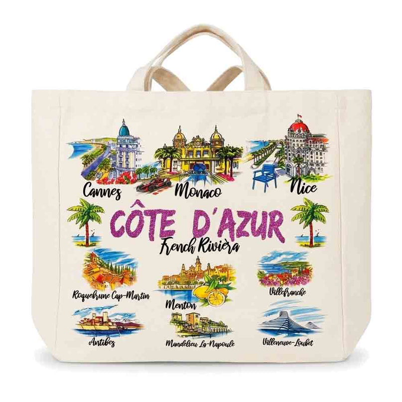 Grand tote bag en toile naturelle illustré Côte d'Azur French Riviera avec Cannes, Monaco, Nice, Menton et Antibes