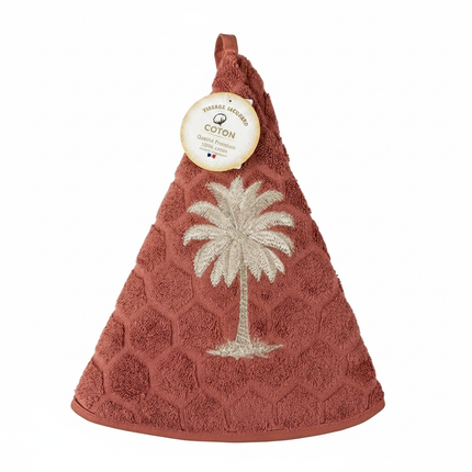 Essuie-main rond jacquard palmier brique fond blanc