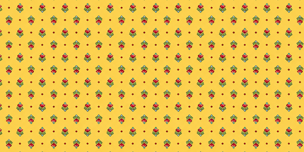 Cretonne Figuerolles jaune à petits motifs rouges et verts répétés, vendue au mètre