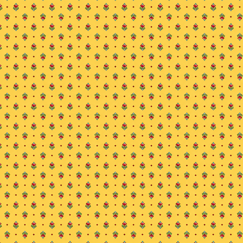 Cretonne Figuerolles jaune à petits motifs rouges et verts répétés, vendue au mètre