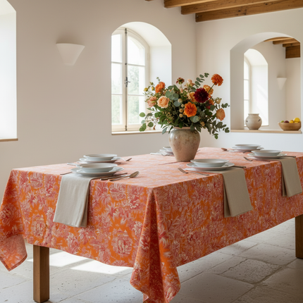 Nappe Mini Maharani Orange 250x150 cm - toile de Jouy exotique, table dressée en intérieur provençal