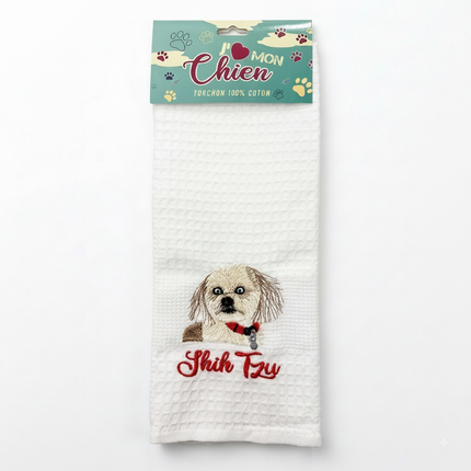 Torchon nid d'abeille brodé Shih Tzu fond blanc