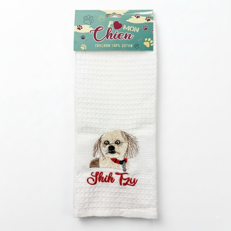 Torchon nid d'abeille brodé Shih Tzu fond blanc