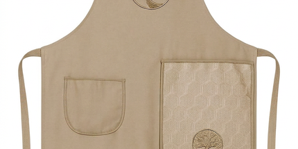 Tablier beige brodé arbre de vie avec essuie-main intégré sur fond blanc