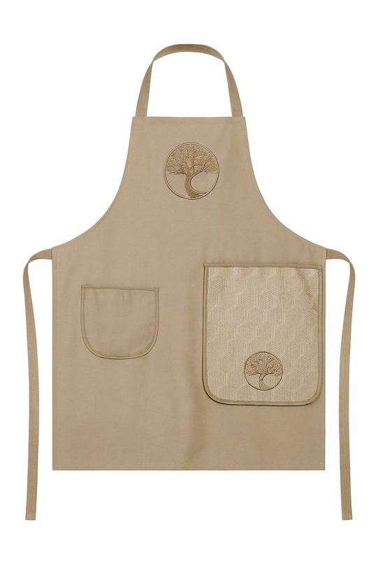 Tablier beige brodé arbre de vie avec essuie-main intégré sur fond blanc