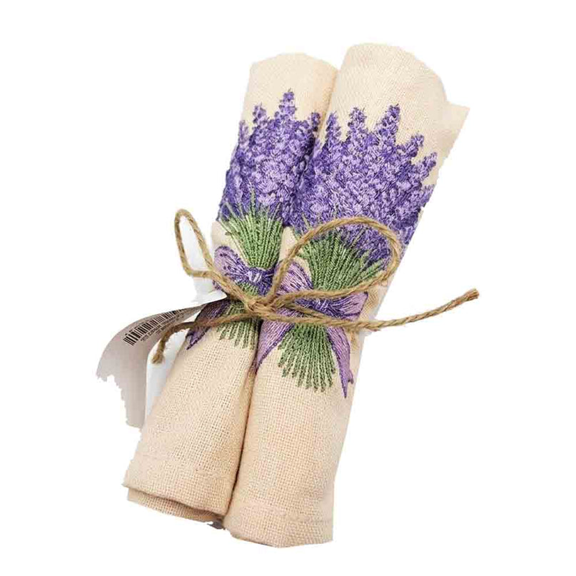 Lot de 2 serviettes de table en coton brodées lavande écru 50 x 50 cm