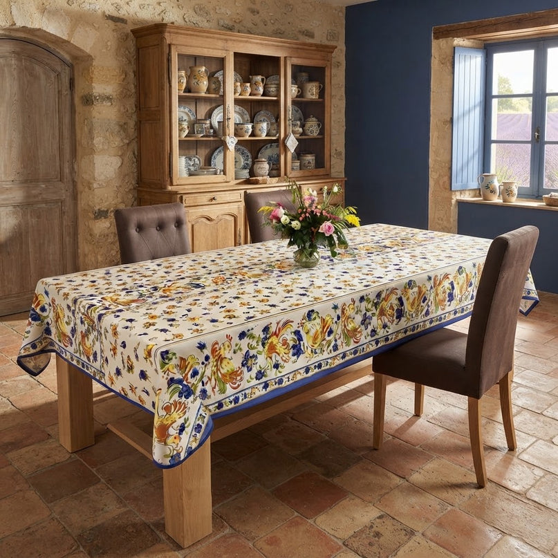 Nappe rectangle Faïence de Moustier bleu 300 x 150 cm polyester antitache et infroissable
