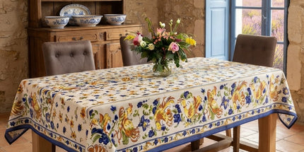 Nappe rectangle Faïence de Moustier bleu 300 x 150 cm polyester antitache et infroissable